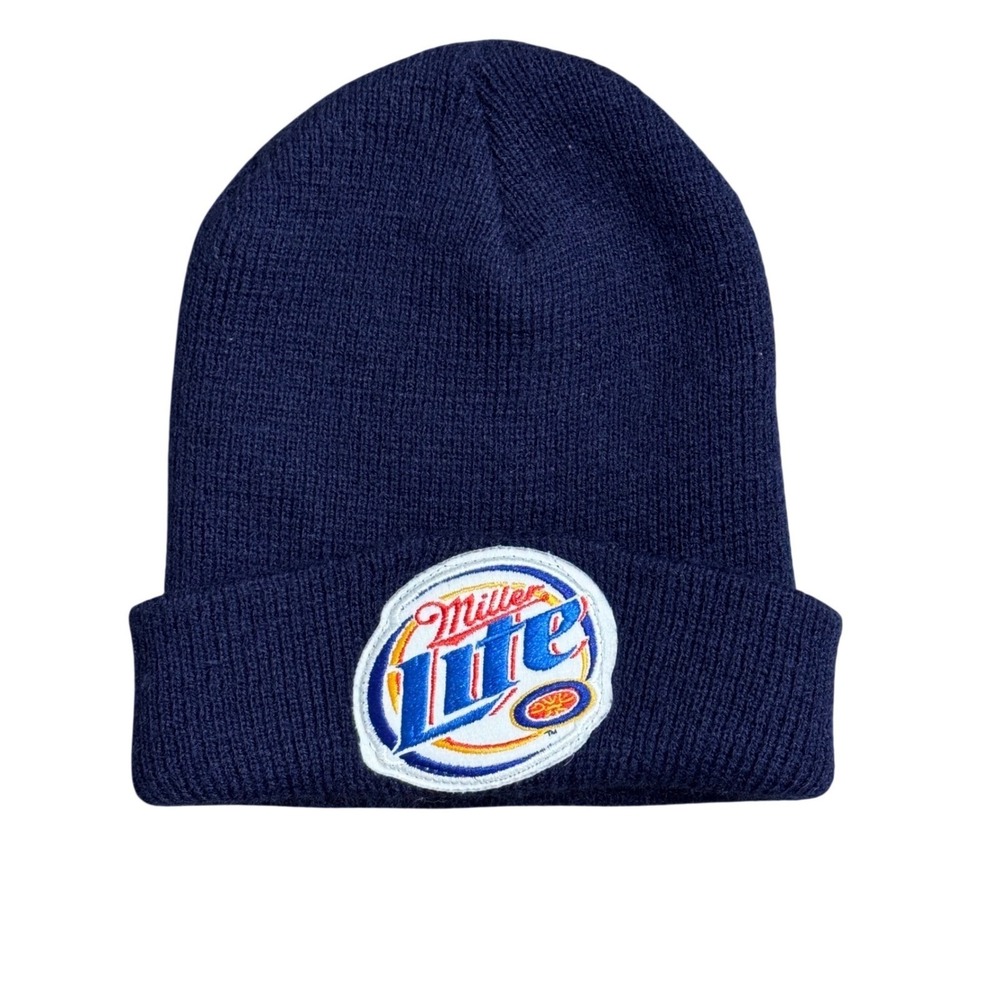 Miller Lite Beer Logo Beanie Navy Blue Cuffed Knit Winter Hat Watch Cap Patch